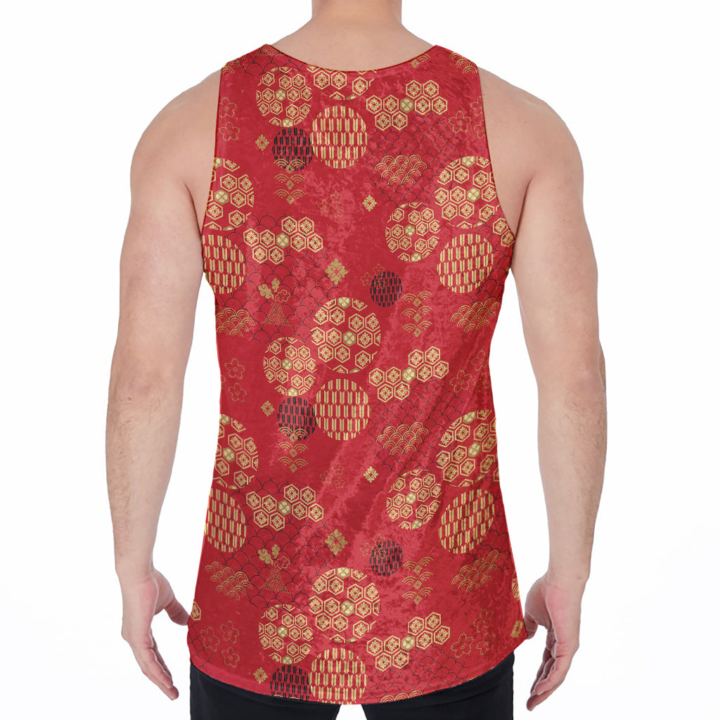 Red Japanese Pattern Print Men's Velvet Tank Top