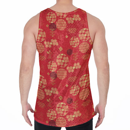 Red Japanese Pattern Print Men's Velvet Tank Top