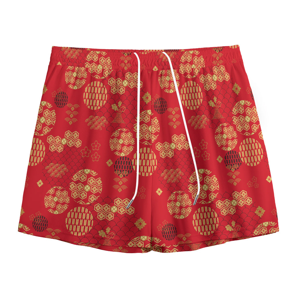 Red Japanese Pattern Print Mesh Shorts