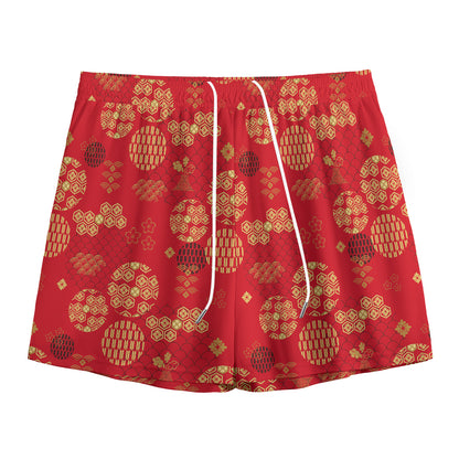 Red Japanese Pattern Print Mesh Shorts