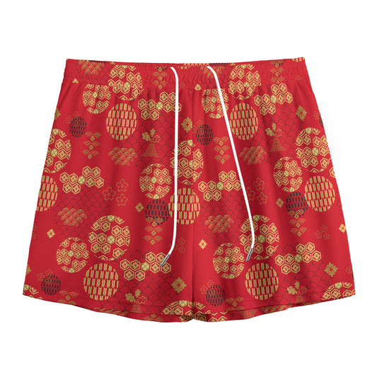 Red Japanese Pattern Print Mesh Shorts