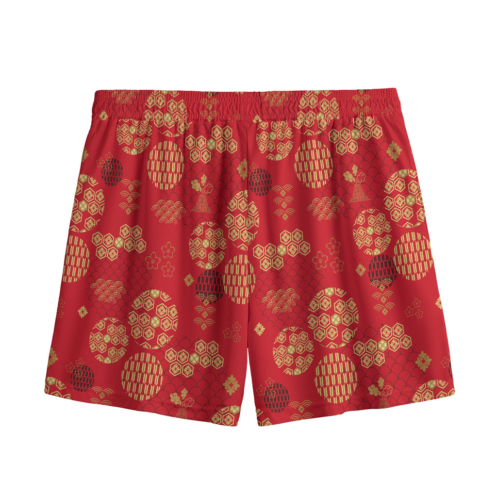Red Japanese Pattern Print Mesh Shorts