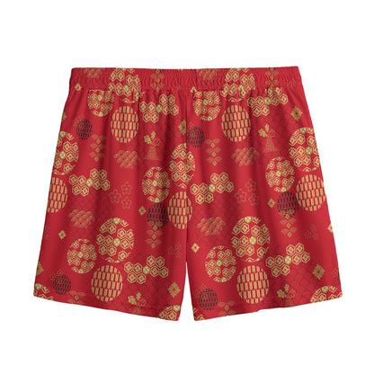 Red Japanese Pattern Print Mesh Shorts