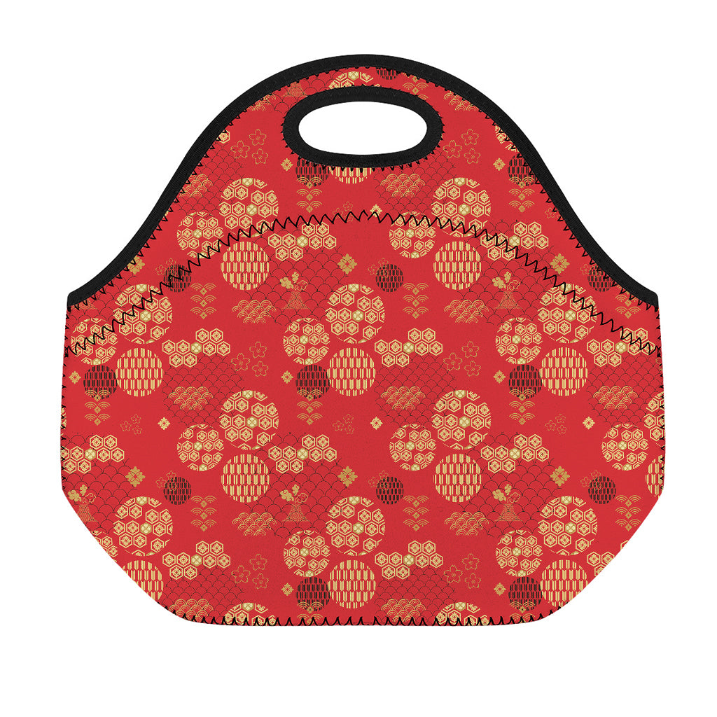 Red Japanese Pattern Print Neoprene Lunch Bag