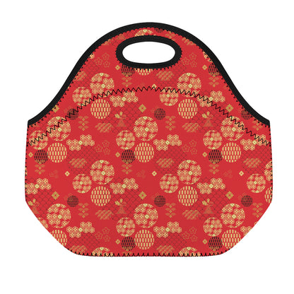 Red Japanese Pattern Print Neoprene Lunch Bag