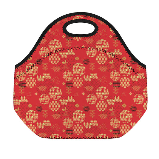 Red Japanese Pattern Print Neoprene Lunch Bag