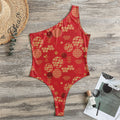 Red Japanese Pattern Print One Shoulder Bodysuit