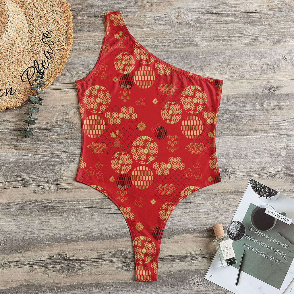 Red Japanese Pattern Print One Shoulder Bodysuit