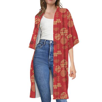 Red Japanese Pattern Print Open Front Beach Cover Up