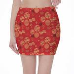 Red Japanese Pattern Print Pencil Mini Skirt