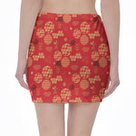 Red Japanese Pattern Print Pencil Mini Skirt