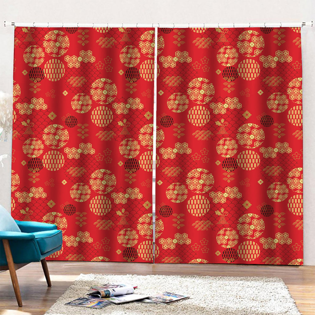 Red Japanese Pattern Print Pencil Pleat Curtains