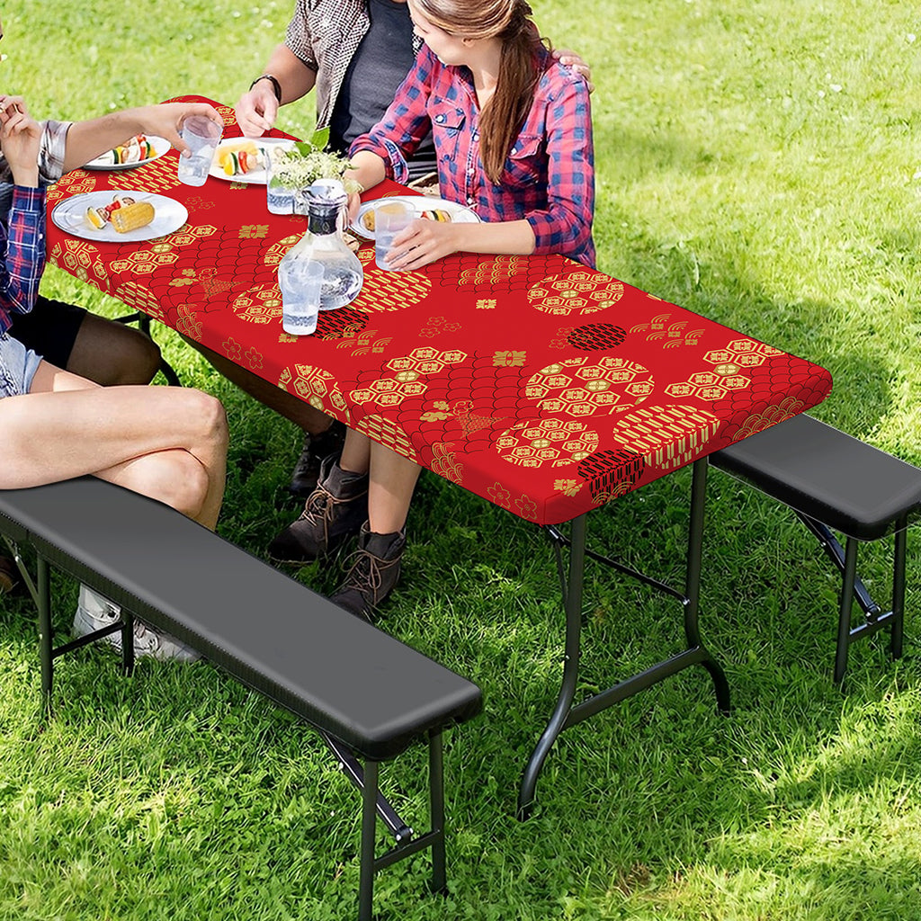 Red Japanese Pattern Print Picnic Table Cover