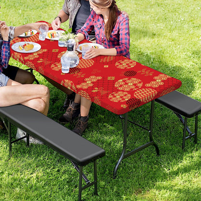 Red Japanese Pattern Print Picnic Table Cover