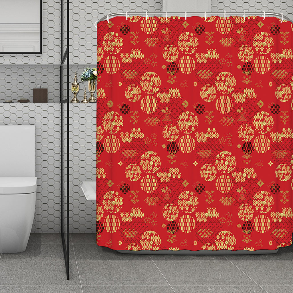 Red Japanese Pattern Print Polyester Shower Curtain