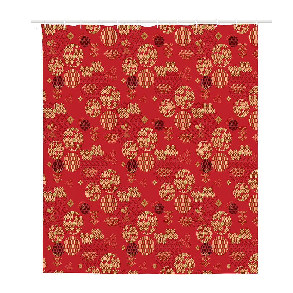 Red Japanese Pattern Print Polyester Shower Curtain