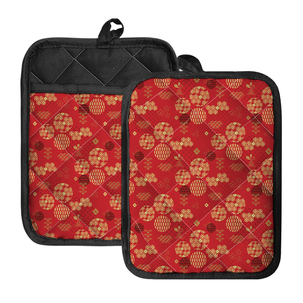 Red Japanese Pattern Print Pot Holders With Pocket