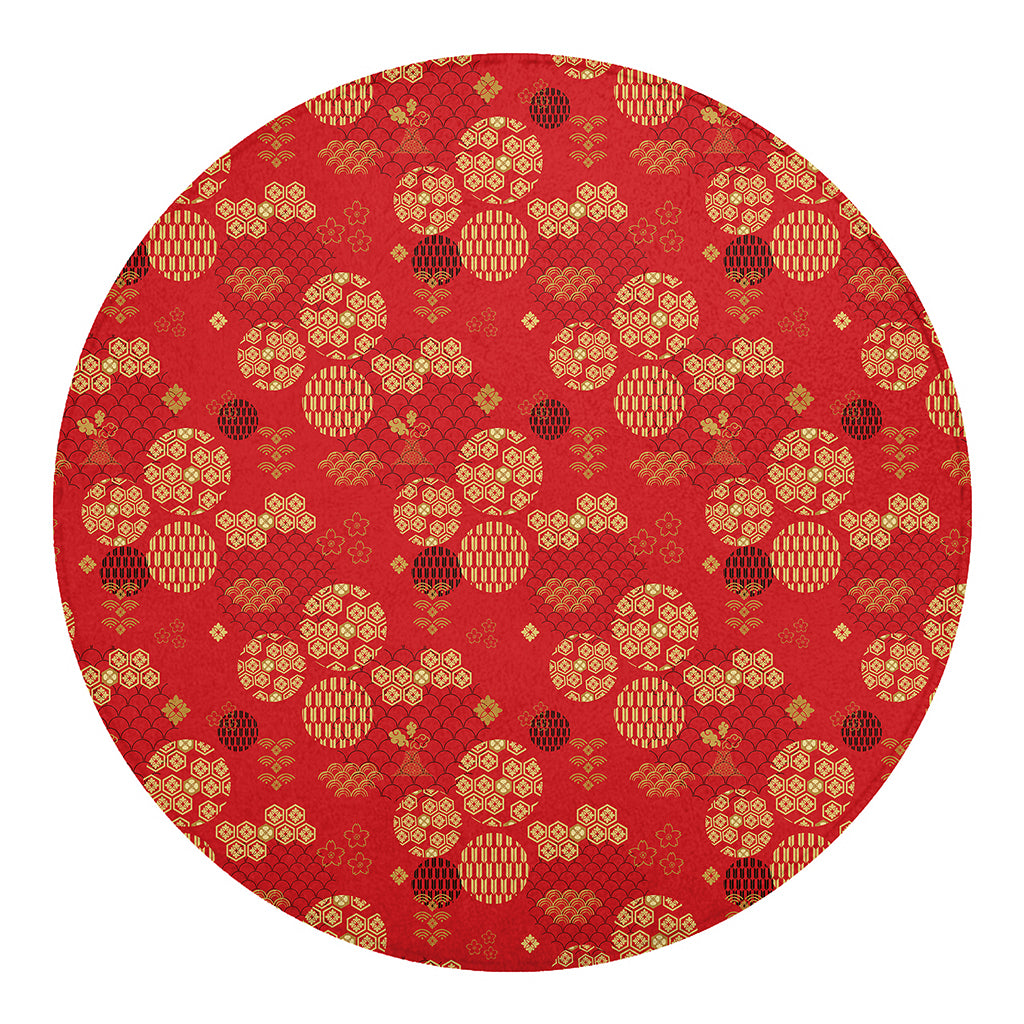 Red Japanese Pattern Print Round Blanket