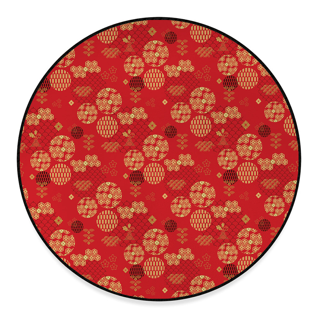 Red Japanese Pattern Print Round Floor Mat