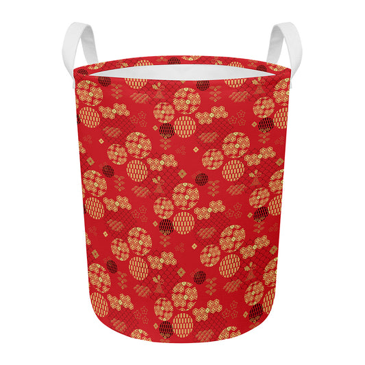 Red Japanese Pattern Print Round Laundry Basket