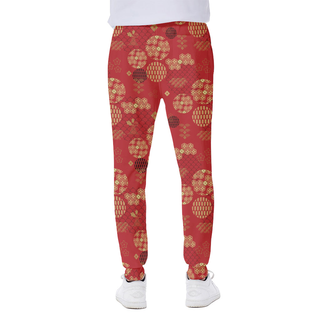 Red Japanese Pattern Print Scuba Joggers