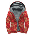 Red Japanese Pattern Print Sherpa Lined Zip Up Hoodie