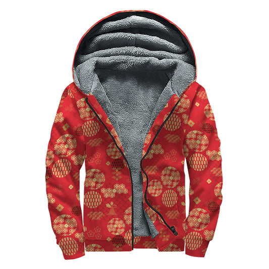 Red Japanese Pattern Print Sherpa Lined Zip Up Hoodie