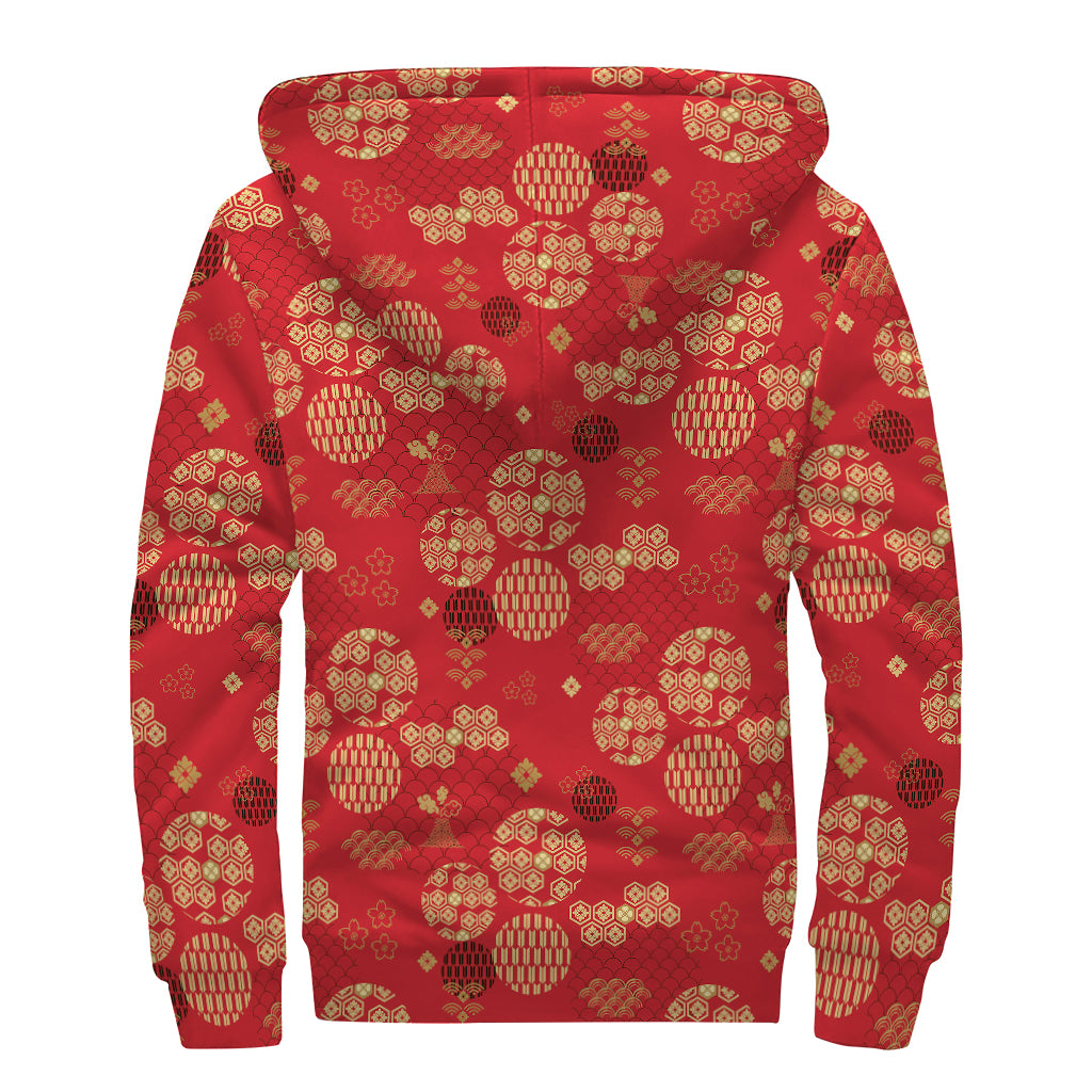 Red Japanese Pattern Print Sherpa Lined Zip Up Hoodie