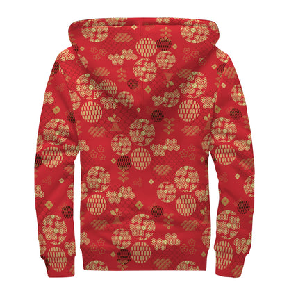 Red Japanese Pattern Print Sherpa Lined Zip Up Hoodie