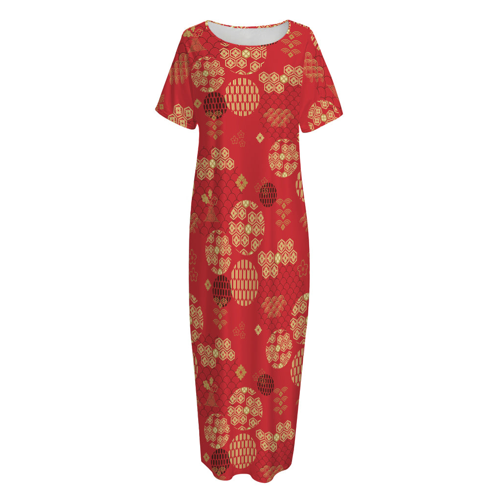 Red Japanese Pattern Print Short Sleeve Long Nightdress