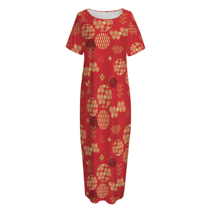 Red Japanese Pattern Print Short Sleeve Long Nightdress