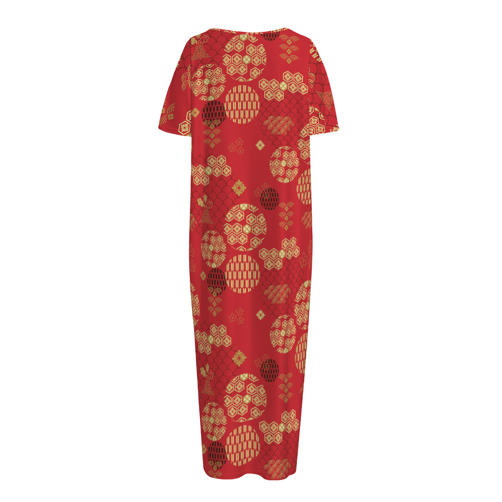 Red Japanese Pattern Print Short Sleeve Long Nightdress