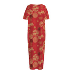 Red Japanese Pattern Print Short Sleeve Long Nightdress