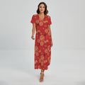 Red Japanese Pattern Print Short Sleeve Maxi Dress