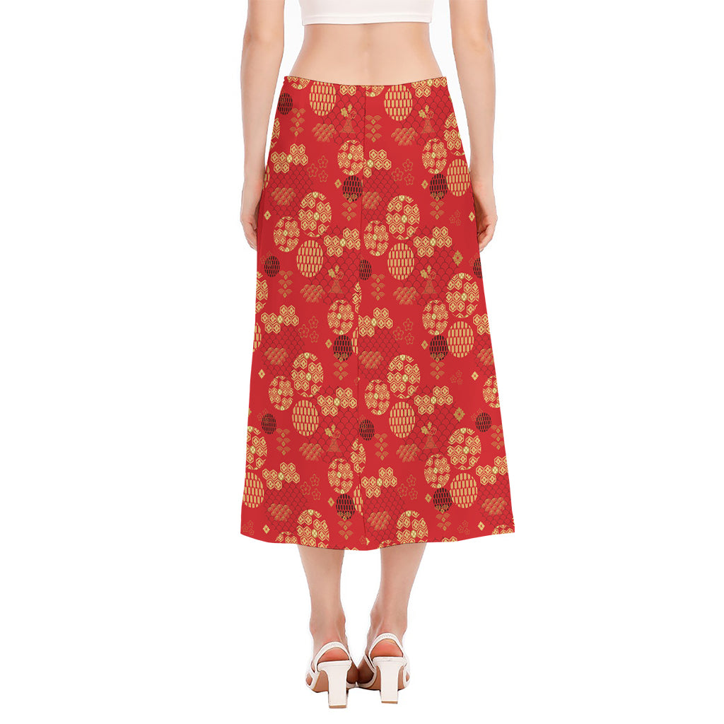 Red Japanese Pattern Print Side Slit Midi Skirt
