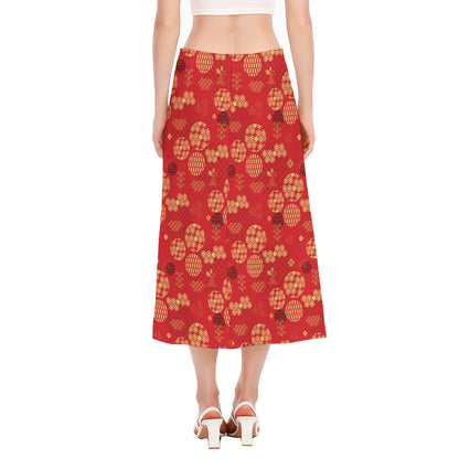Red Japanese Pattern Print Side Slit Midi Skirt