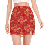 Red Japanese Pattern Print Side Slit Mini Skirt