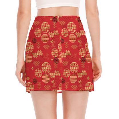 Red Japanese Pattern Print Side Slit Mini Skirt