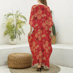 Red Japanese Pattern Print Silk V-Neck Kaftan Dress
