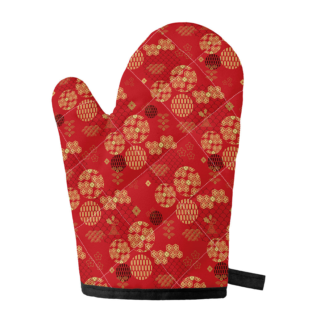 Red Japanese Pattern Print Single Oven Mitt