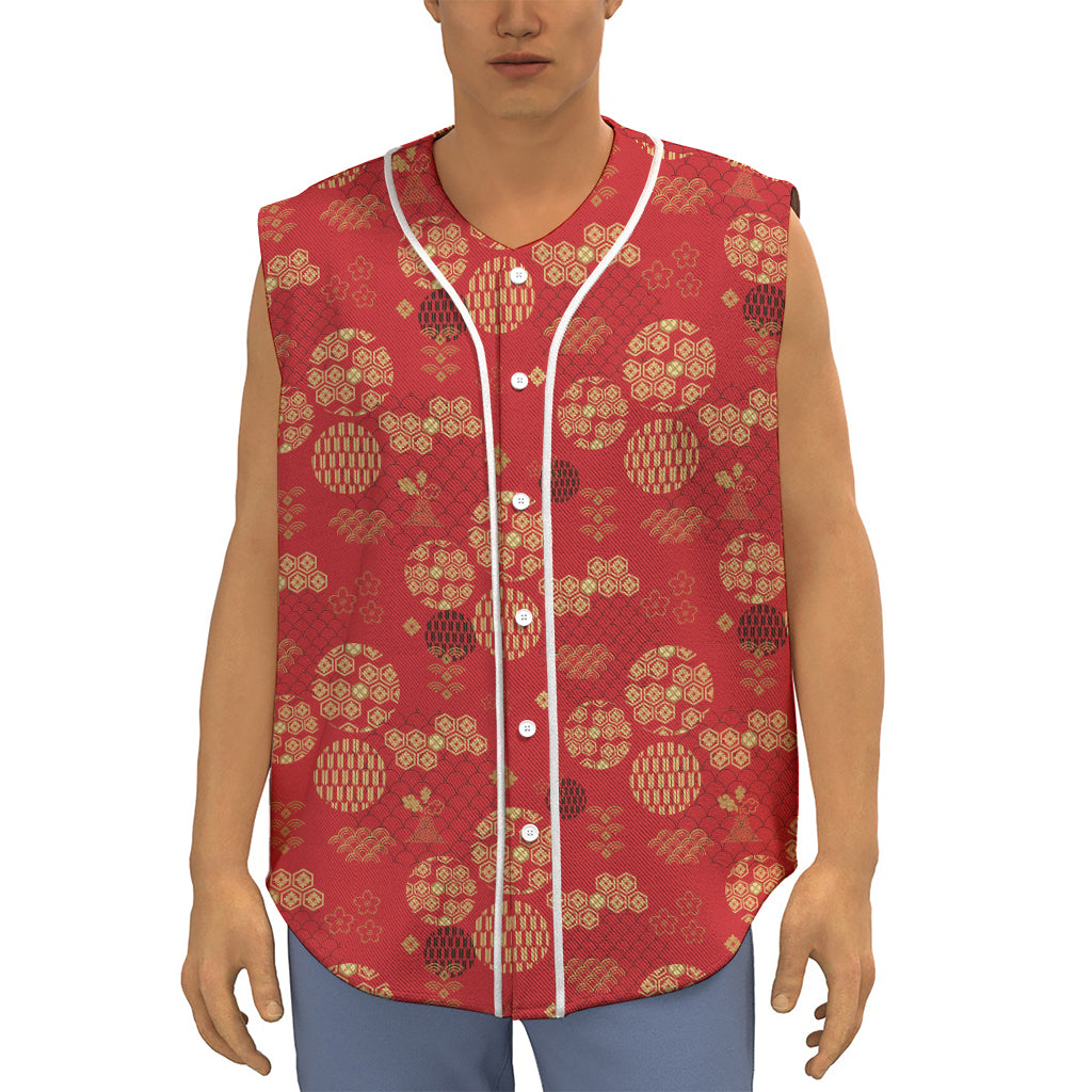 Red Japanese Pattern Print Sleeveless Baseball Jersey