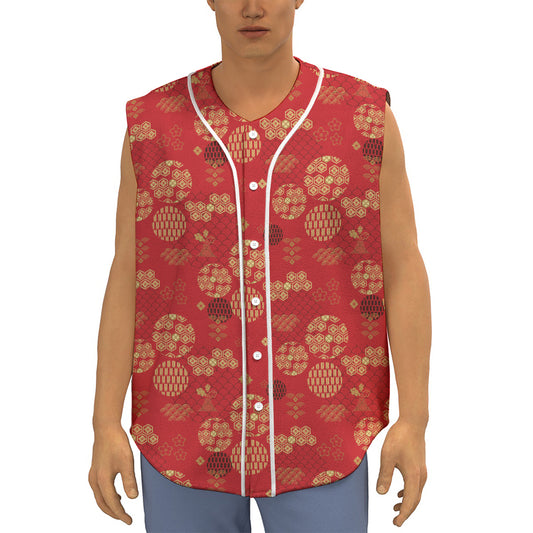 Red Japanese Pattern Print Sleeveless Baseball Jersey