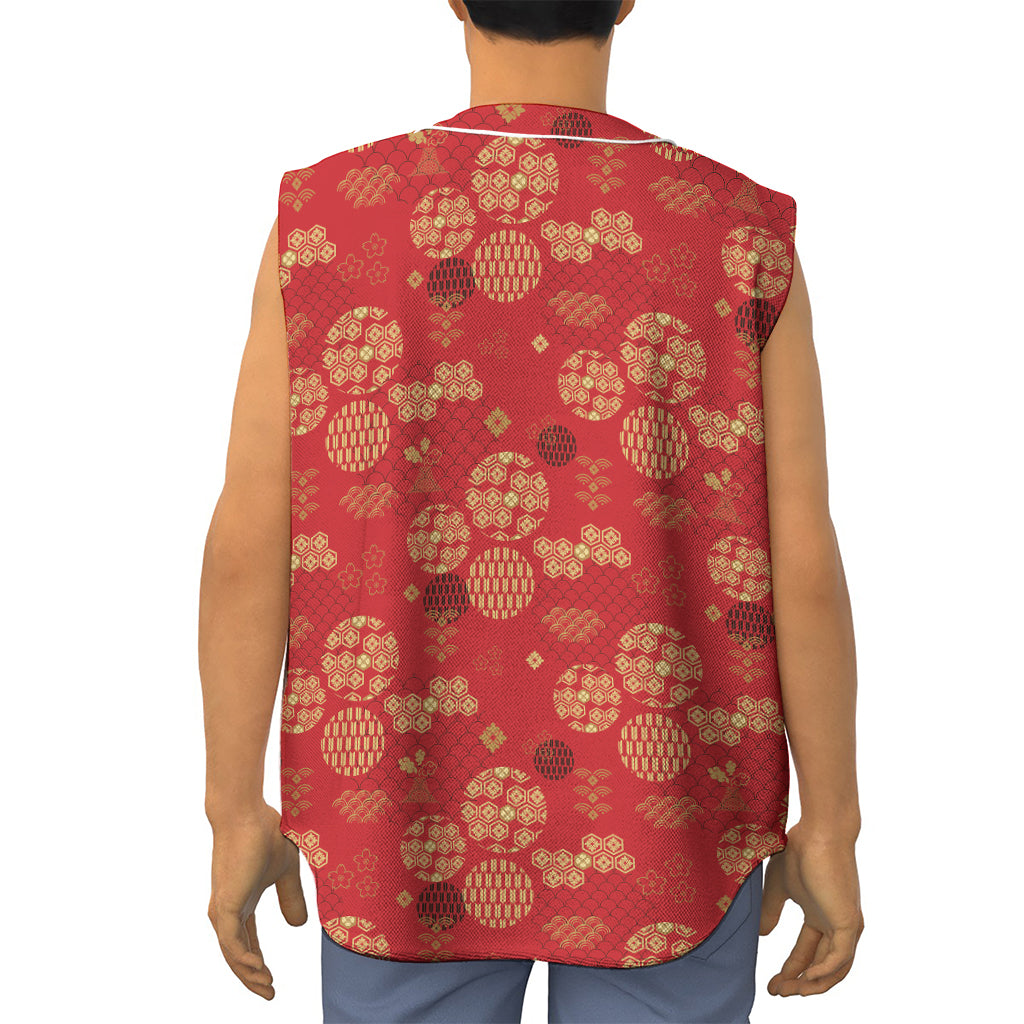 Red Japanese Pattern Print Sleeveless Baseball Jersey