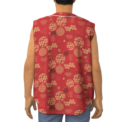 Red Japanese Pattern Print Sleeveless Baseball Jersey