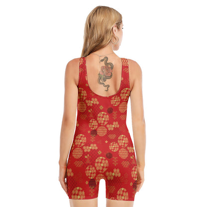Red Japanese Pattern Print Sleeveless One Piece Swimsuit
