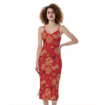 Red Japanese Pattern Print Slim Fit Midi Cami Dress