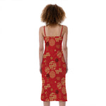 Red Japanese Pattern Print Slim Fit Midi Cami Dress