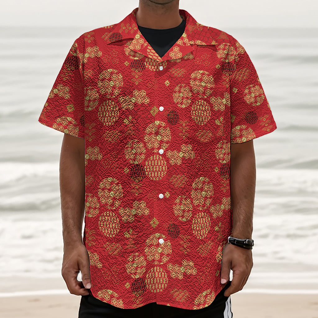 Red Japanese Pattern Print Textured Short Sleeve Shirt