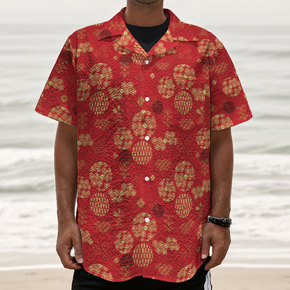 Red Japanese Pattern Print Textured Short Sleeve Shirt
