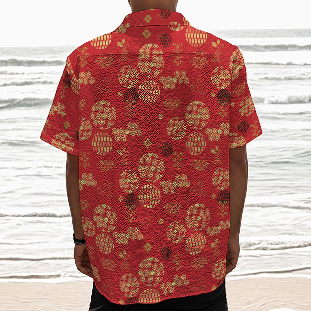 Red Japanese Pattern Print Textured Short Sleeve Shirt